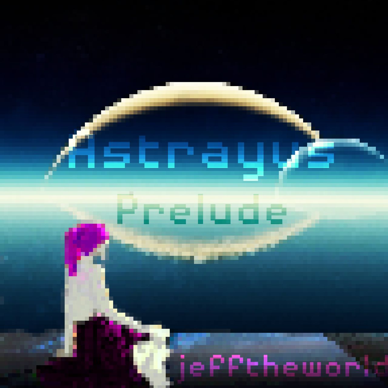 Pixel art, woman staring across water at planetrise. Text reads "Astrayus Prelude" and "jefftheworld".