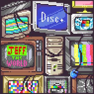 Pixel art, stack of computers and monitors. Text reads "Disc+" and "jefftheworld".