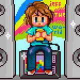 Pixel art boy sits on TV, flanked by speakers. Text says "jefftheworld".