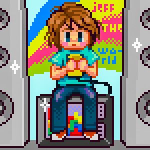 Pixel art boy sits on TV, flanked by speakers. Text says "jefftheworld".